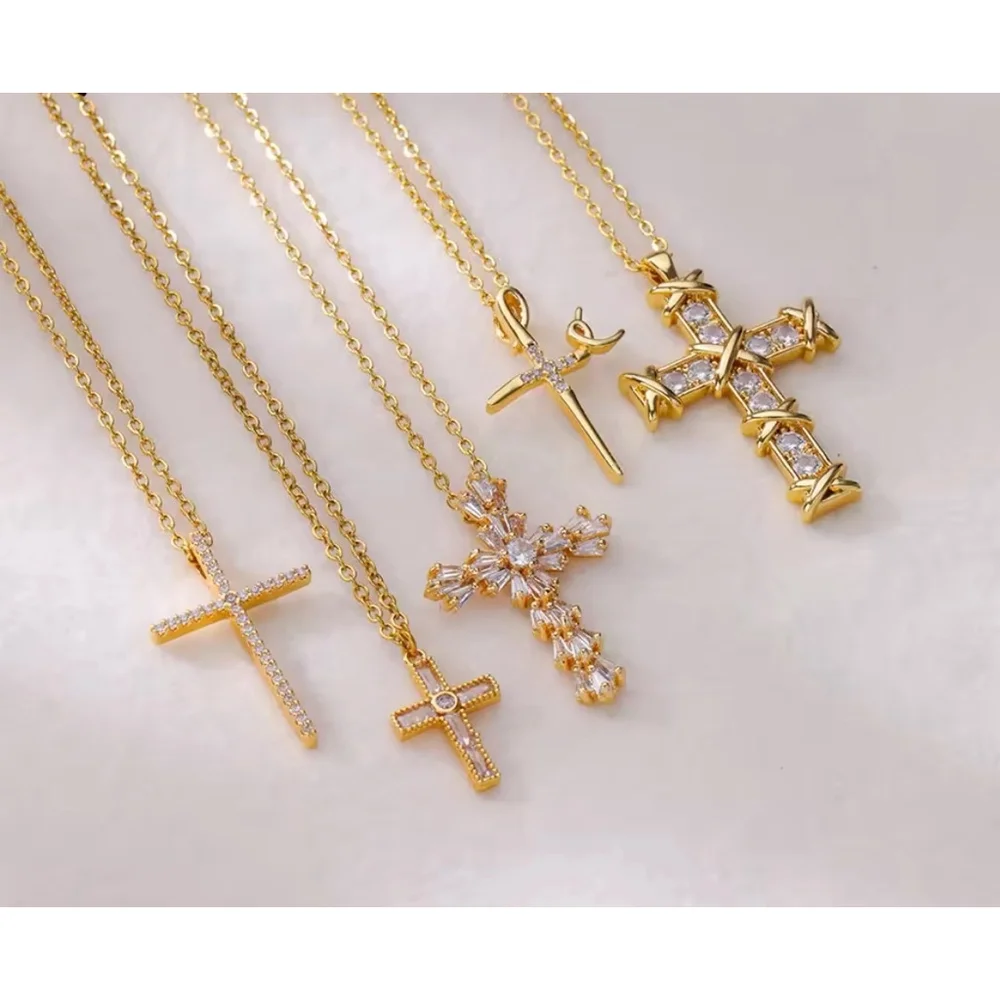 NEW Unisex Men’s 18k Gold Filled Simulated Diamond‎ Cross Necklace, 16-18”